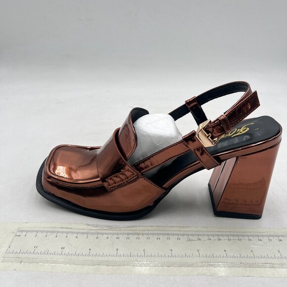 FOWT Brown Platform Square Toe Loafers Chunky High Heel Slingback Slip on Pumps - Picture 2 of 8